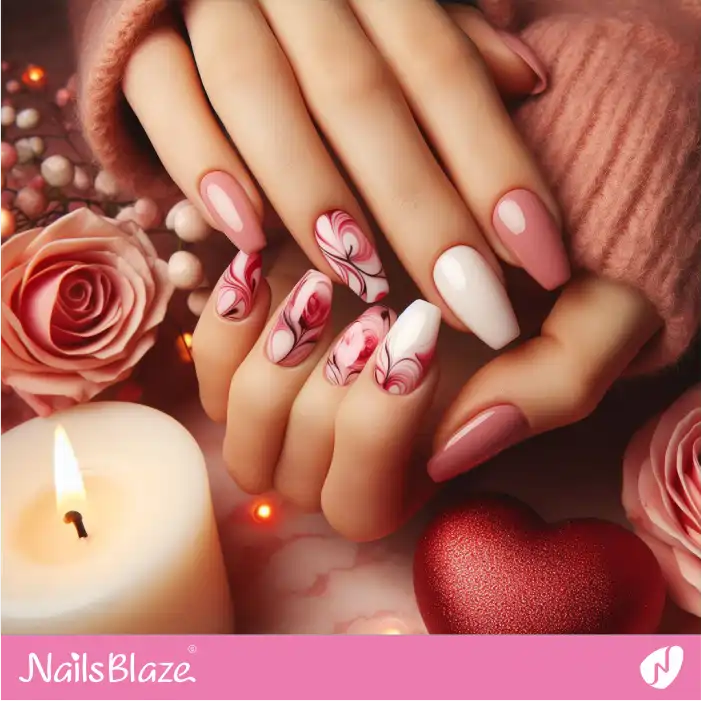 Pink Marble Nails Abstract Rose Design | Valentine Nails - NB2399